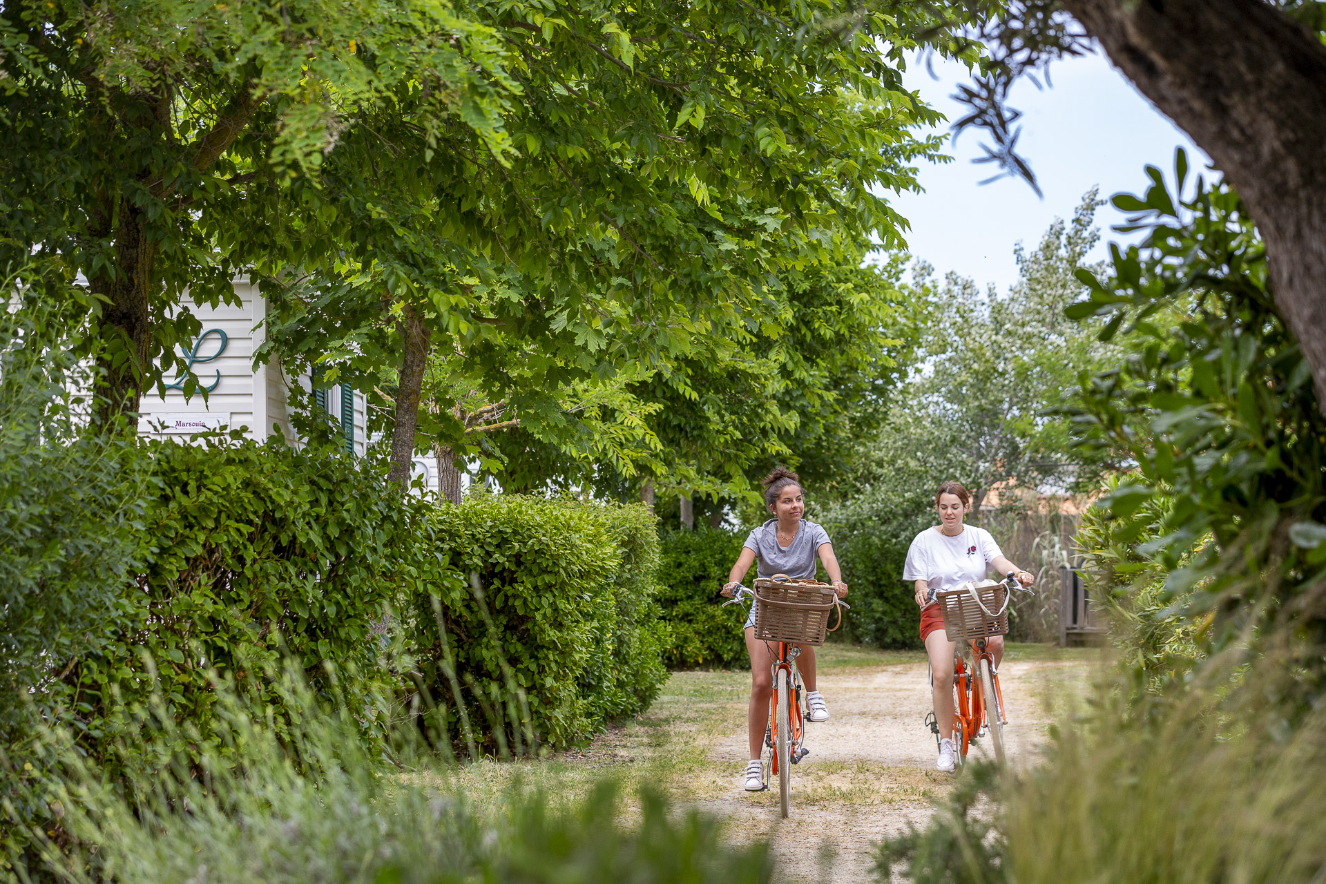 Deux femmes faisant du vélo dans un parc verdoyant.